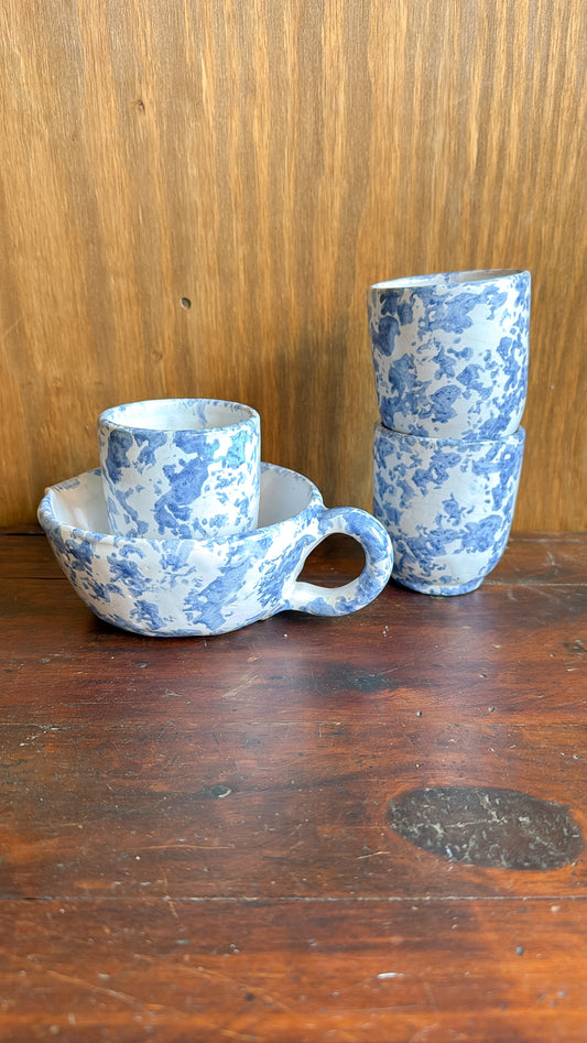 Set of 4 Blue Sponge-ware Pottery