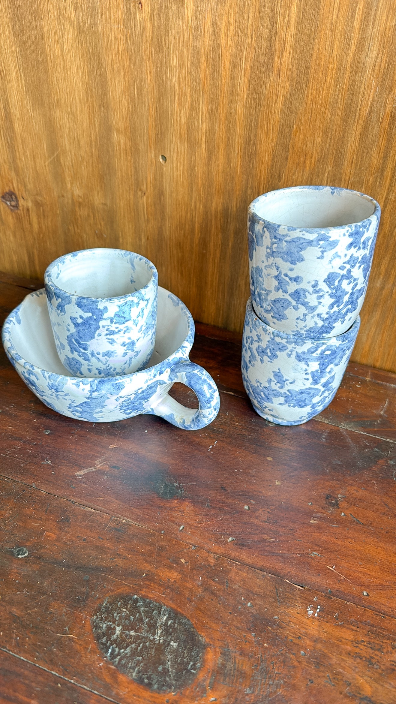 Set of 4 Blue Sponge-ware Pottery