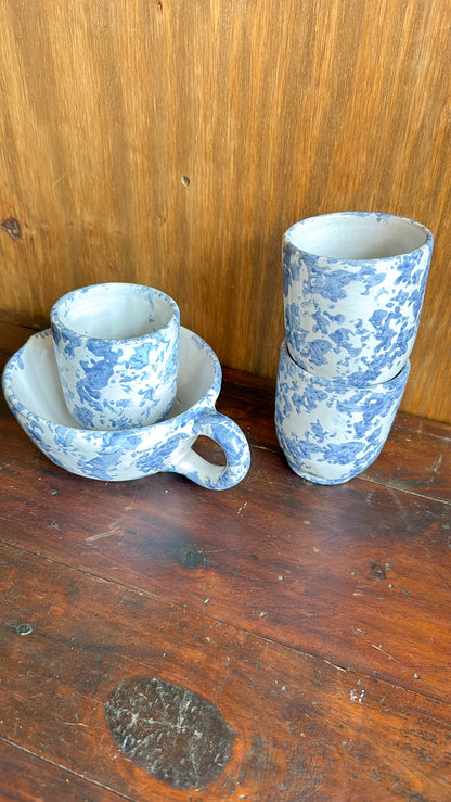Set of 4 Blue Sponge-ware Pottery