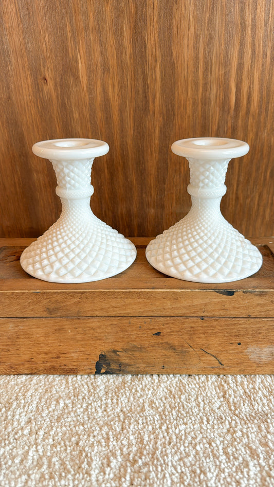 Pair of Hobnail Mill Glass Candlesticks