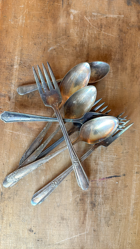 Set of 8 Vintage Tarnished Silverware