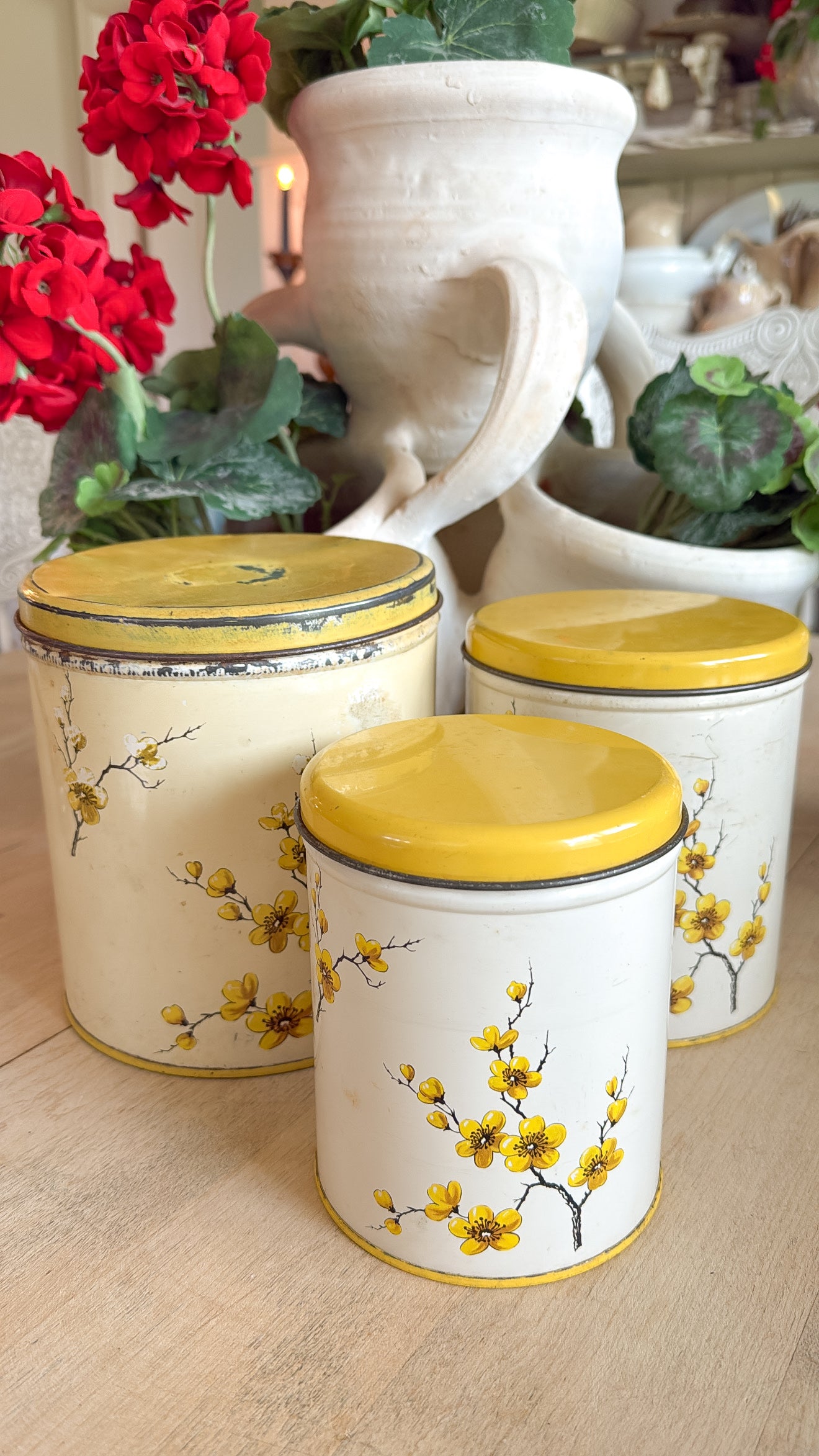 Set of 3 Vtg. Yellow Floral Nesting Tins
