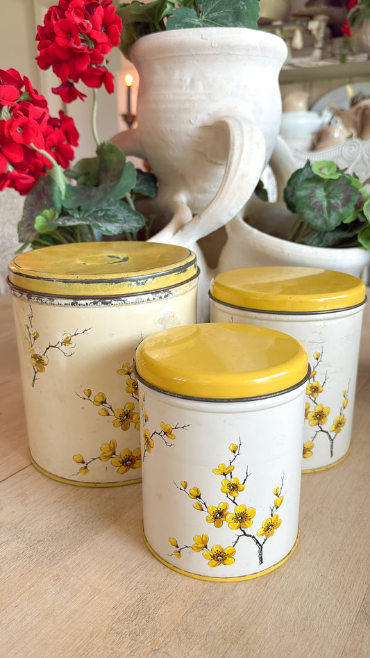 Set of 3 Vtg. Yellow Floral Nesting Tins