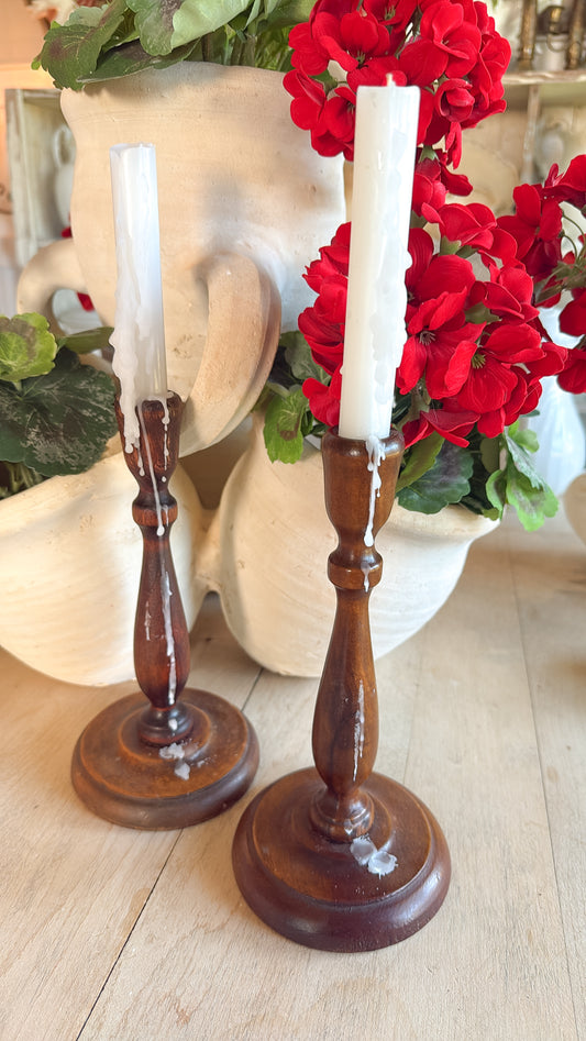 Pair of Wooden Candlesticks w/ dripped candles