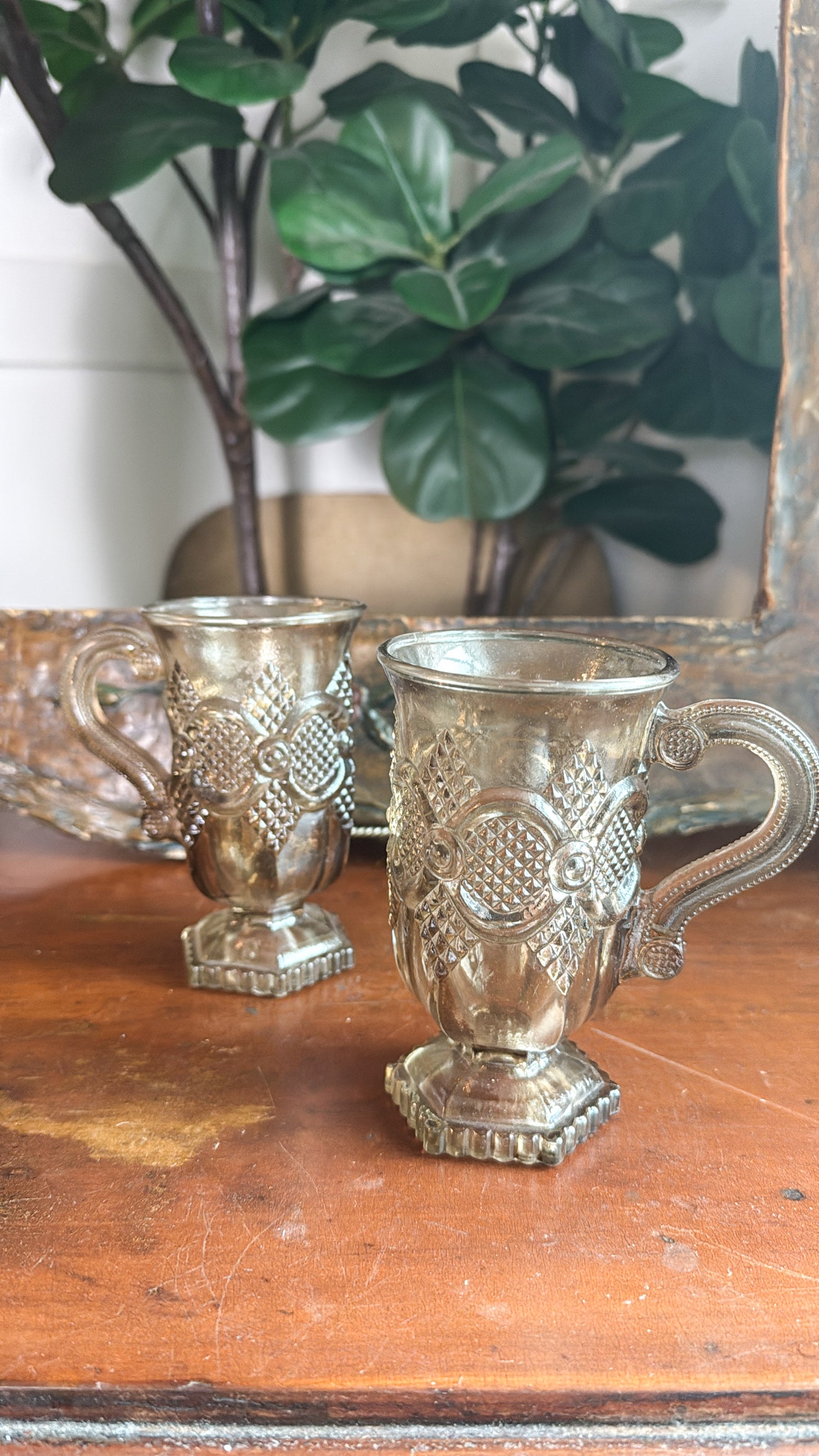 Pair of Vtg. Brown Glazed Pedestal Mugs