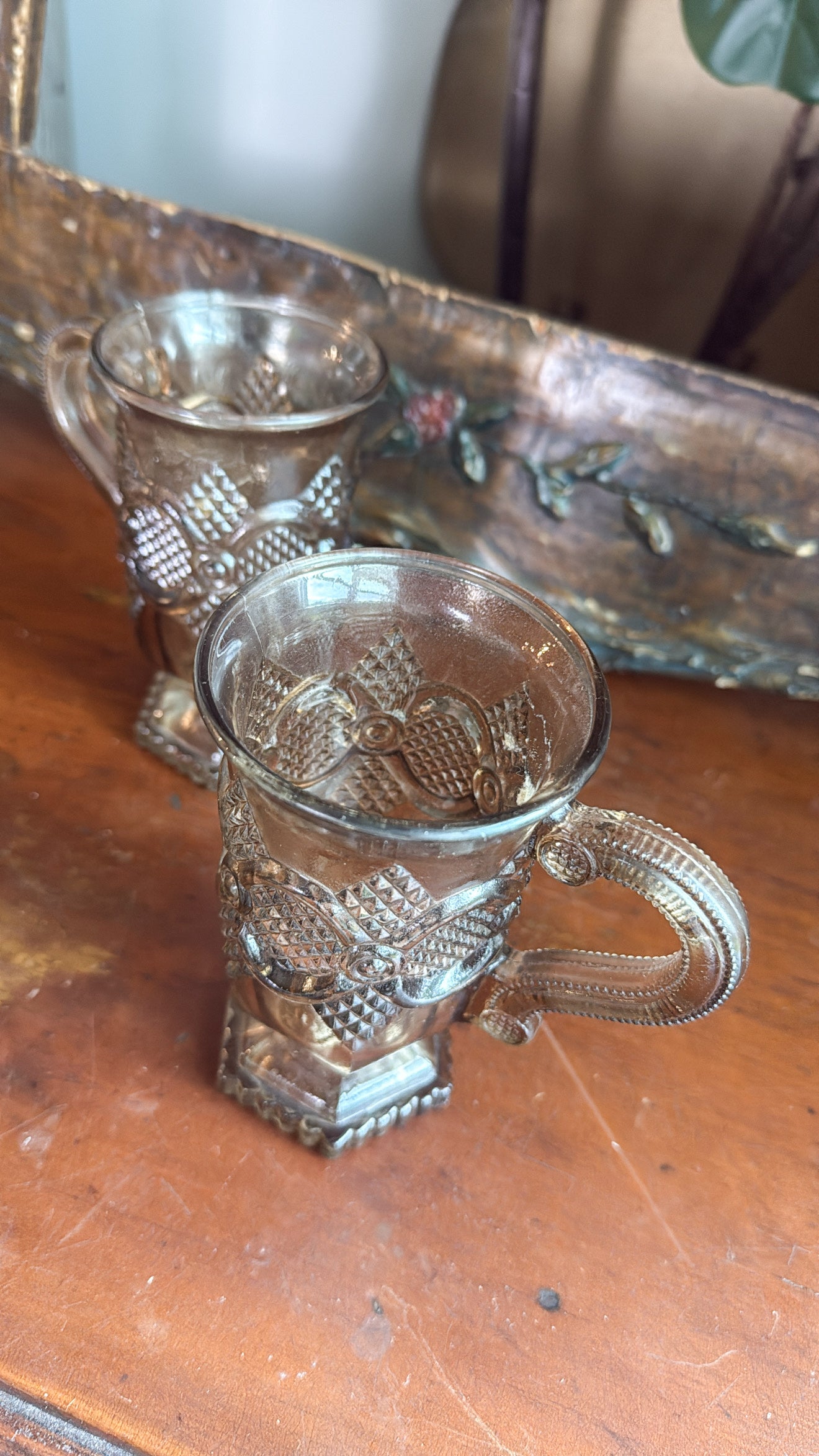 Pair of Vtg. Brown Glazed Pedestal Mugs