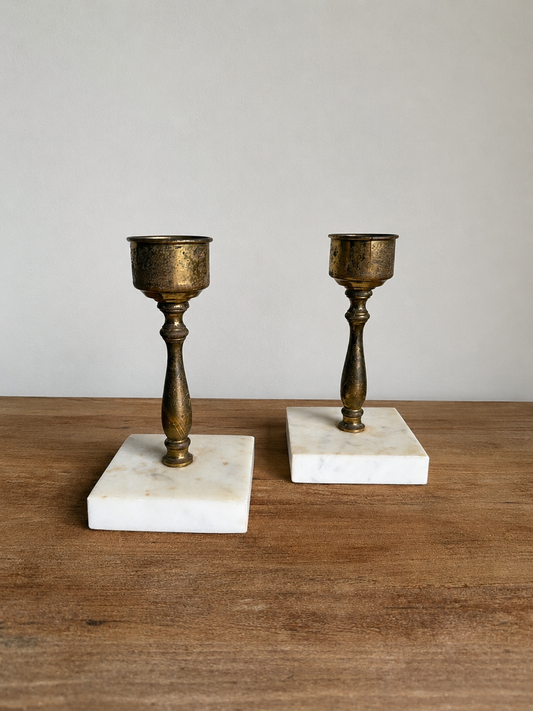 Pair of Brass Marble Base Candlesticks