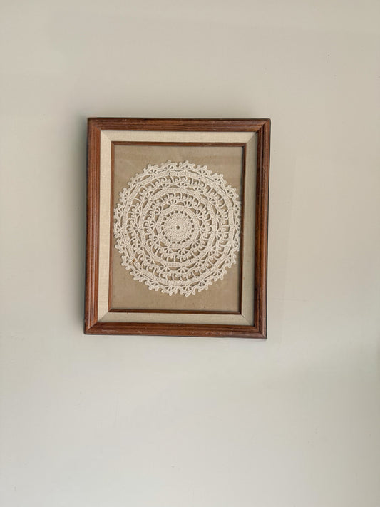 Vintage Doilie in Old Wooden Frame