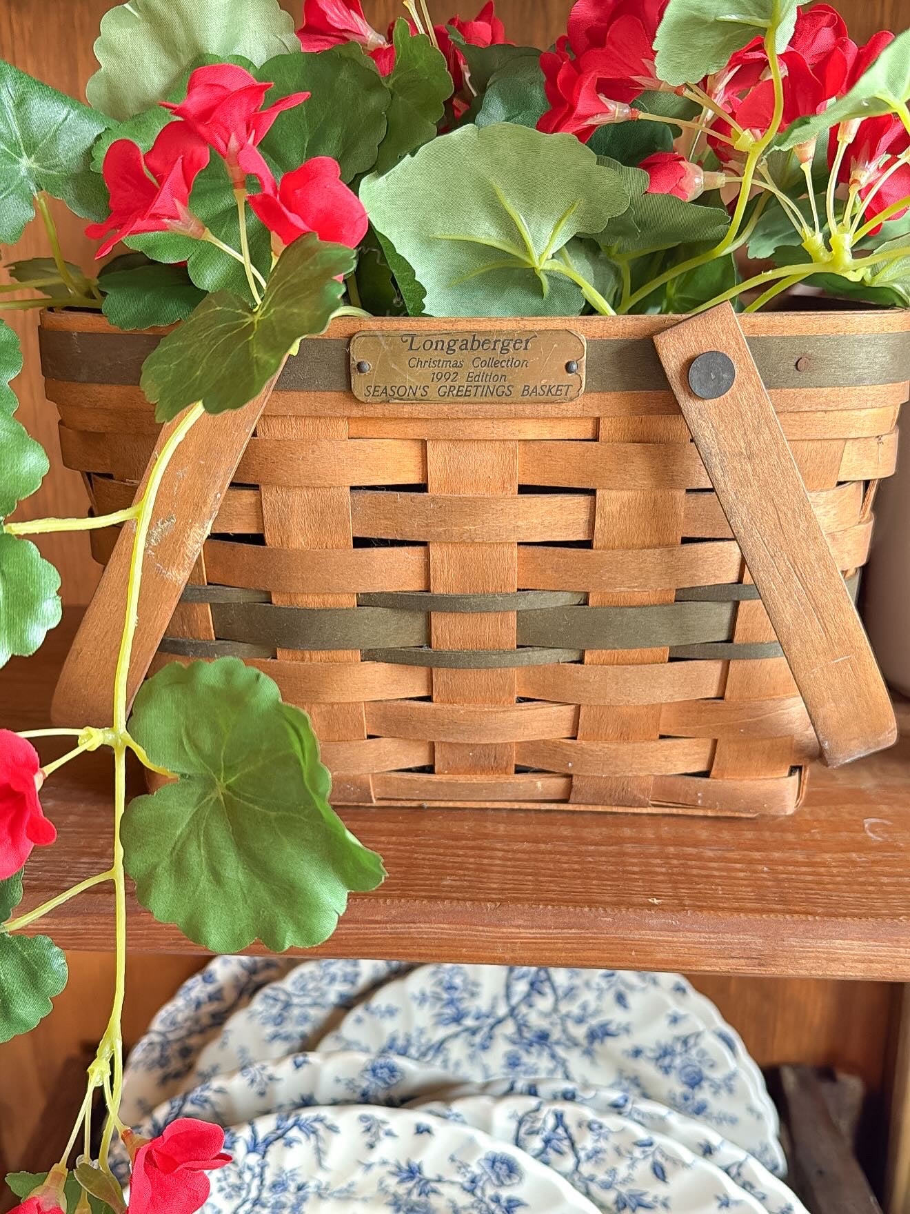 Longaberger Green Stripe Handled Basket