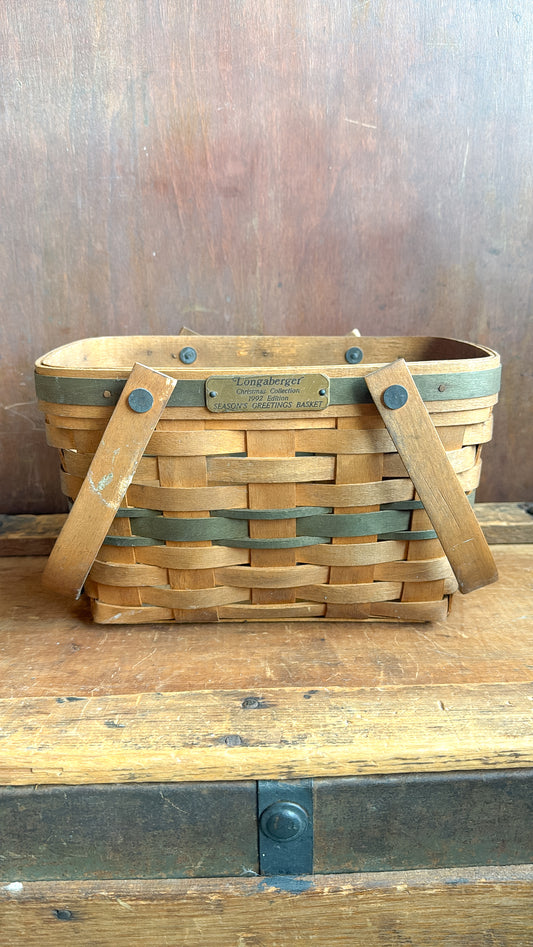 Longaberger Green Stripe Handled Basket