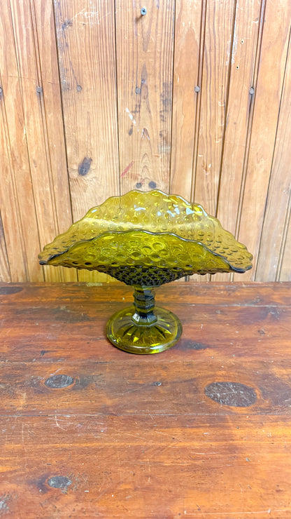 Fenton Hobnail Green Glass Pedestal Dish