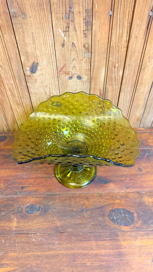 Fenton Hobnail Green Glass Pedestal Dish