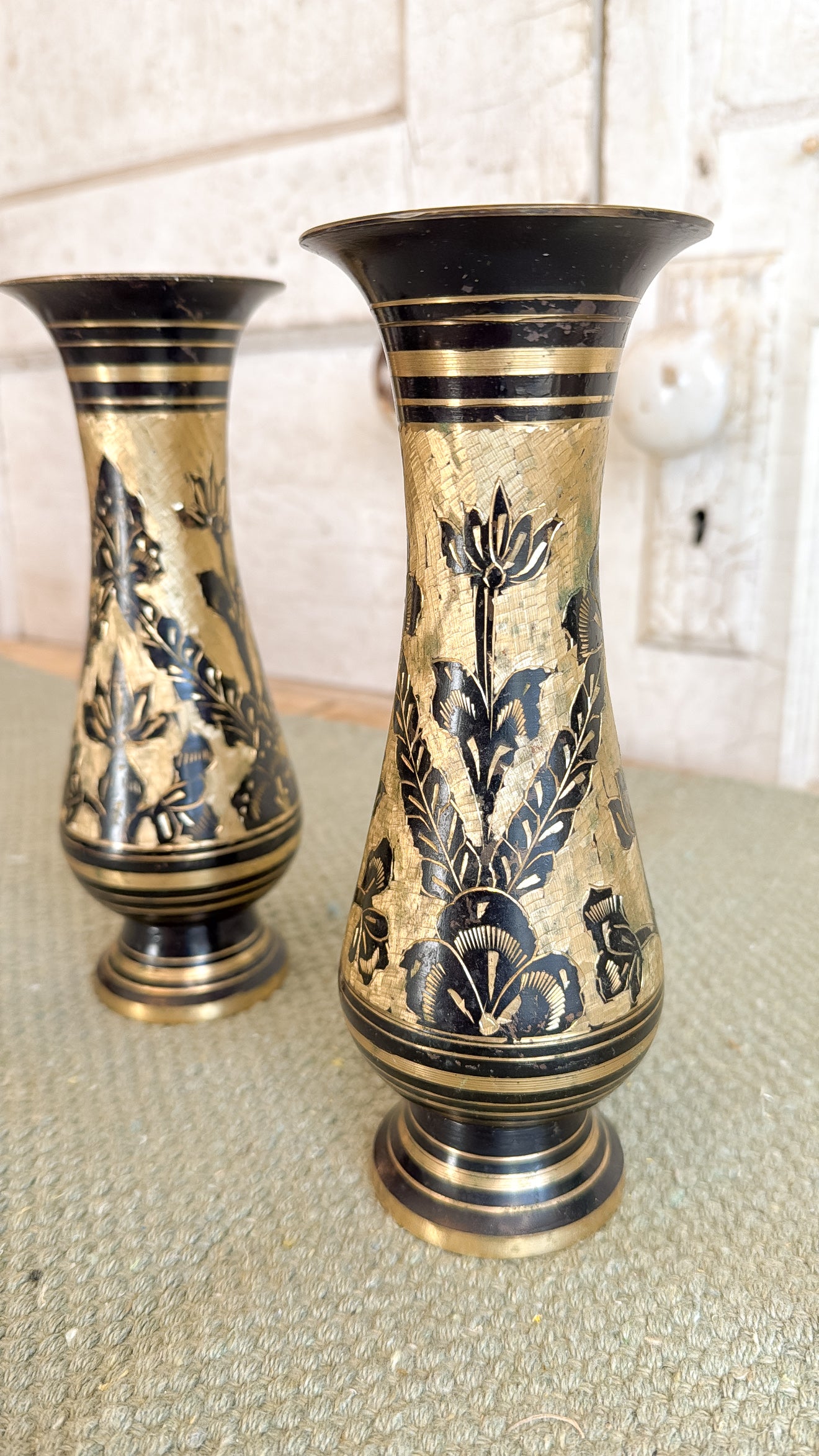 Vintage Brass Black Vase with Ornate Etching